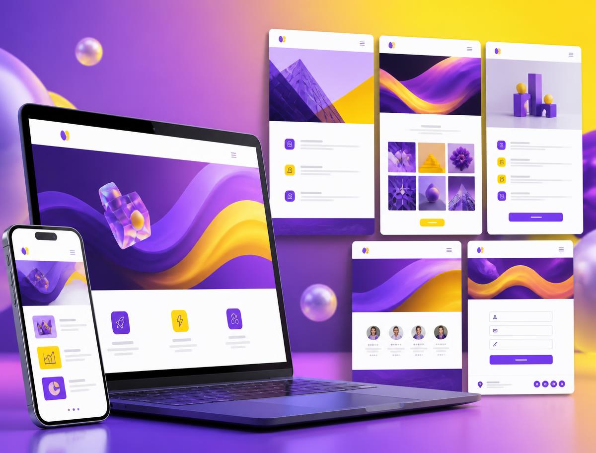 Colorful 5-page business website design shown on laptop and mobile