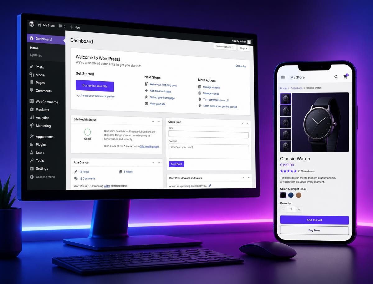 WordPress dashboard on a desktop monitor next to an online store on a smartphone